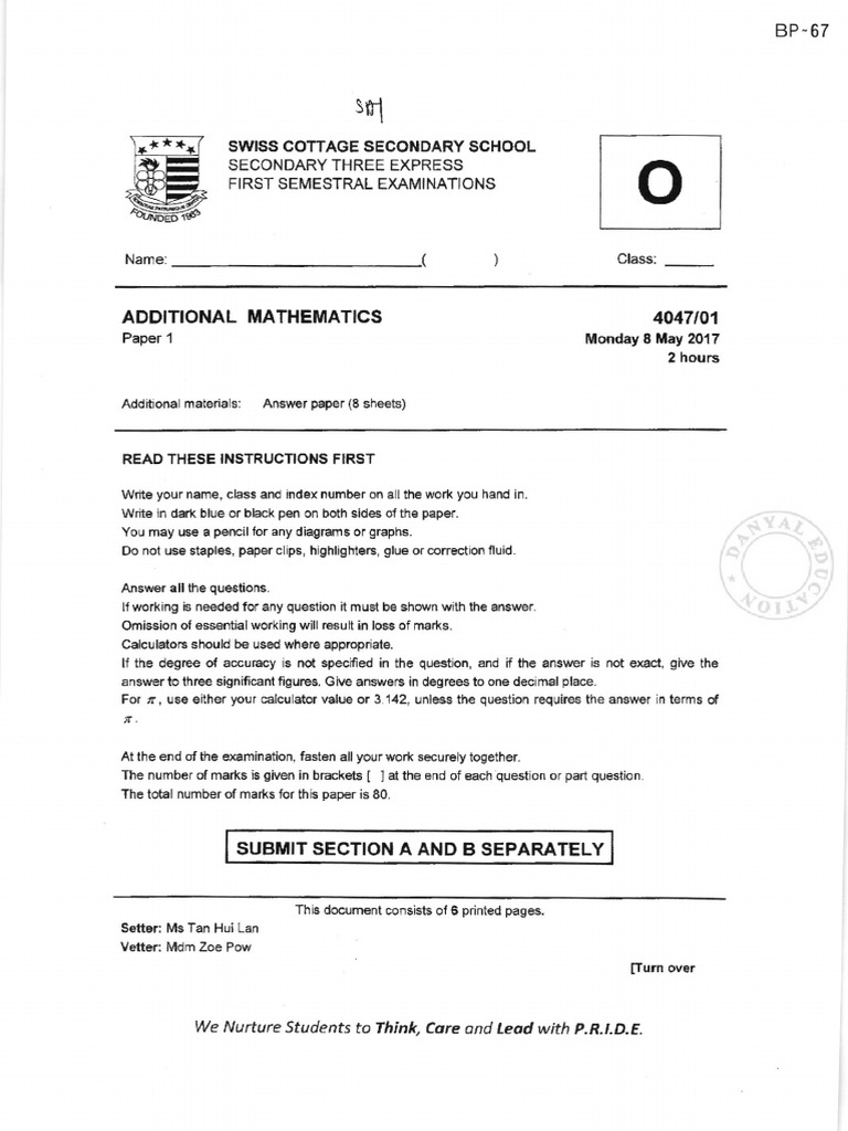 Sec 3 A Math Swiss Cottage SA1 2017 | PDF