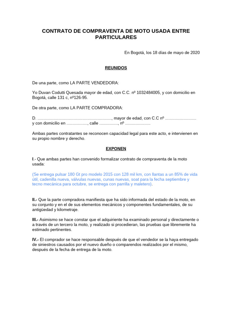 Contrato De Compraventa Moto Usada