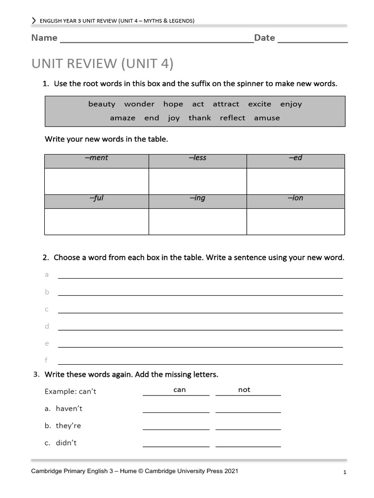 English Year 3 Unit Review (Unit 4 - Myths & Legends) | PDF