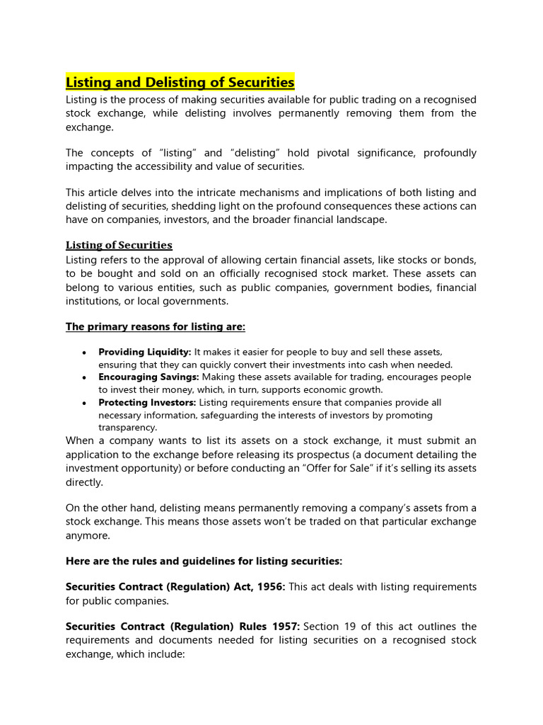 Listing and Delisting of Securities Explained | PDF | Stocks | Law