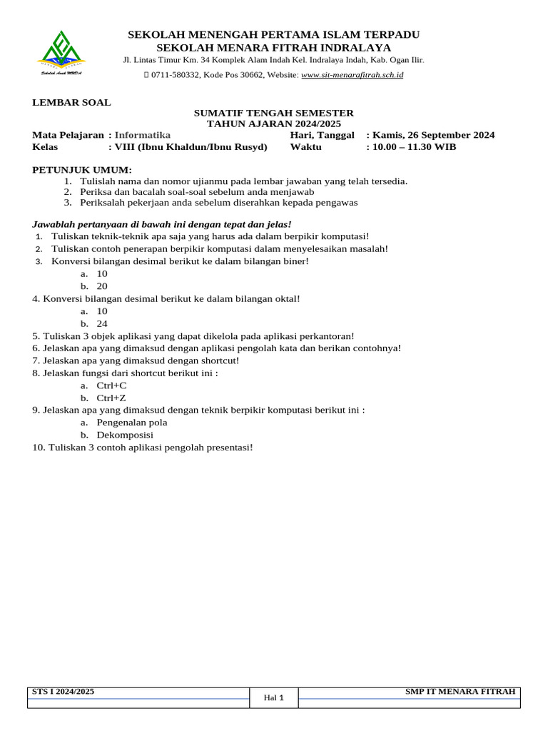 Soal Informatika Kelas 8 2024 2025 Pdf