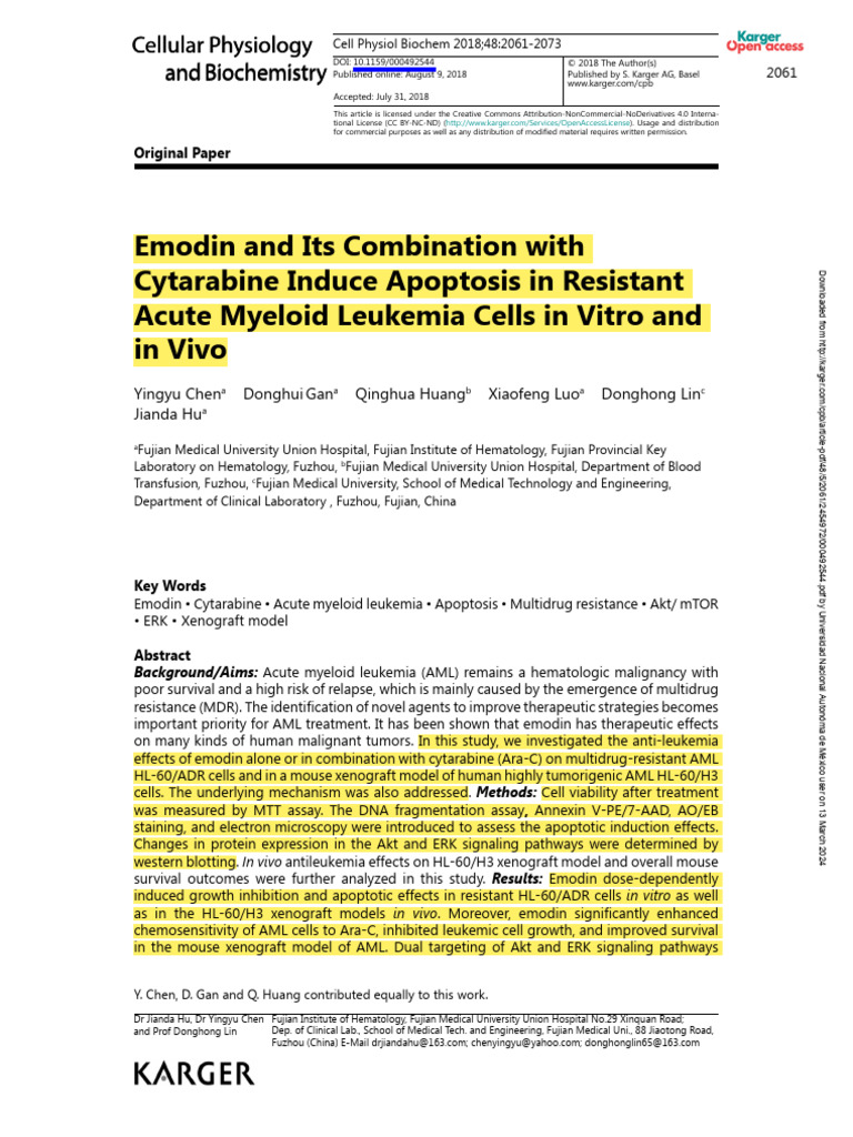 Emodin and Ara-C Induce AML Cell Death | PDF | Staining | Chemotherapy