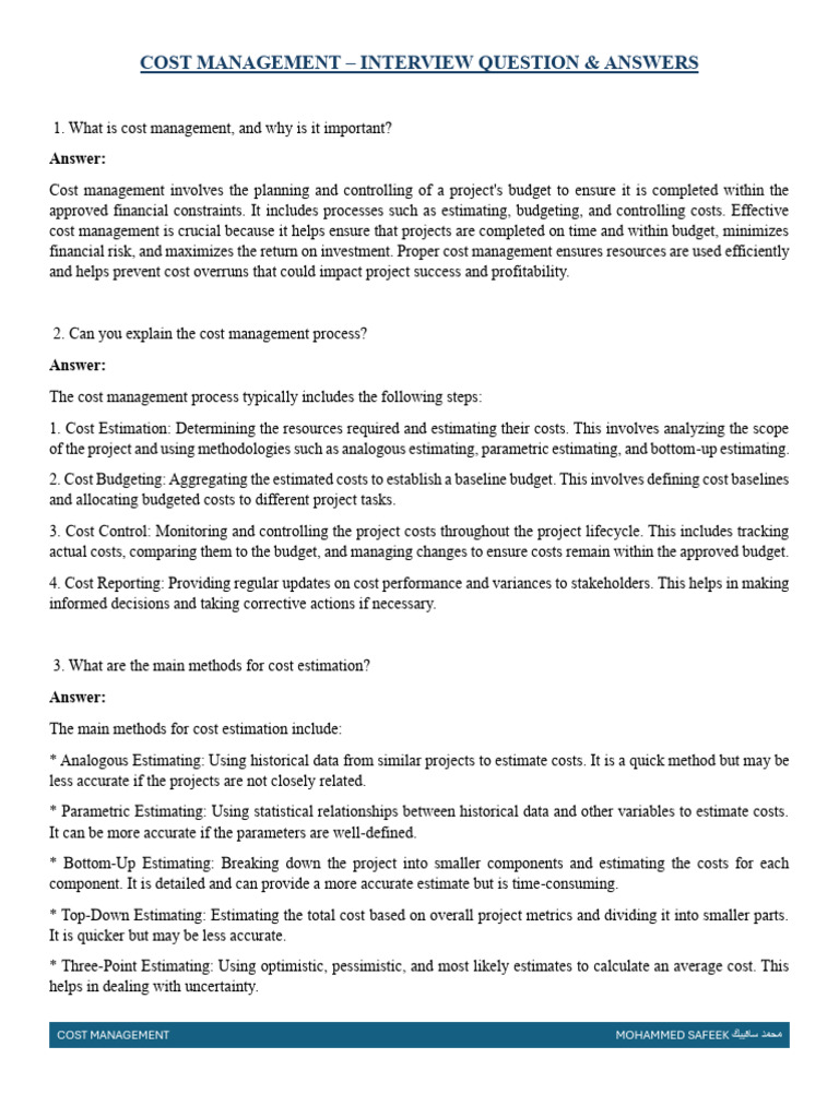 Cost Management - Interview Question & Answers: Answer | PDF