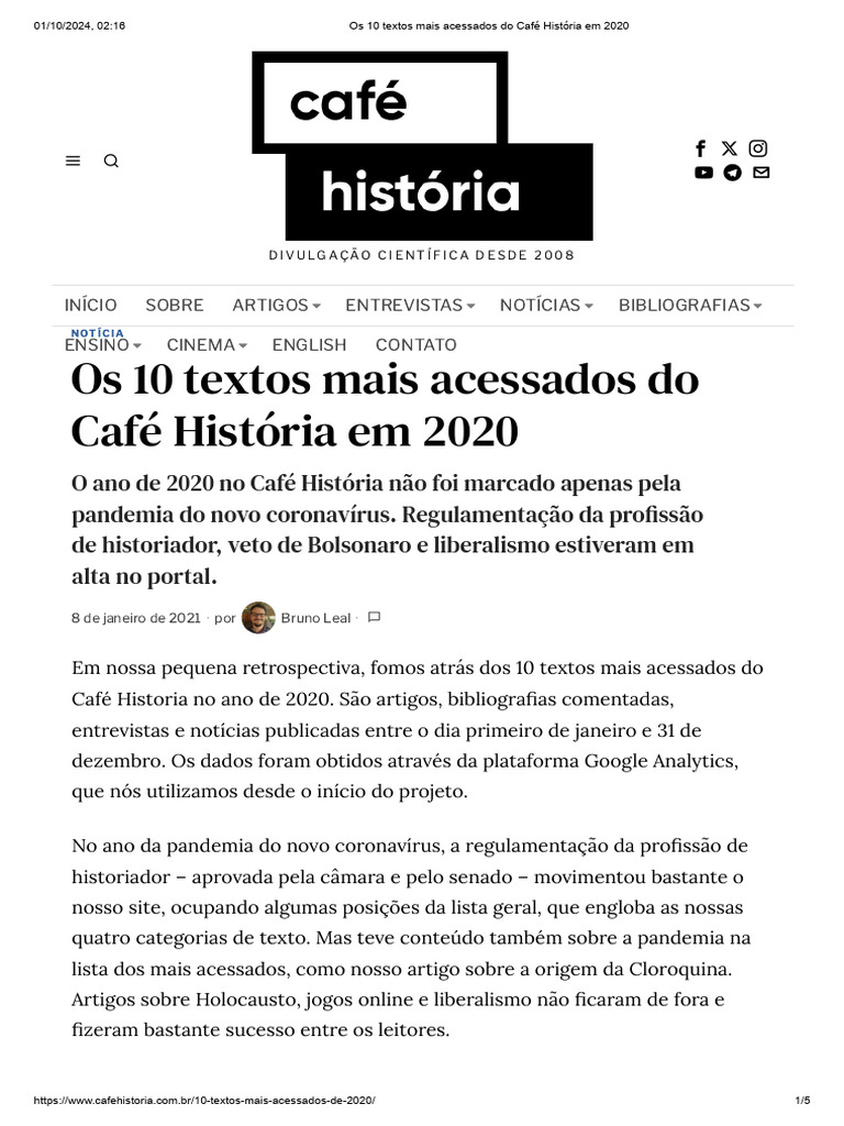 Os 10 Textos Mais Acessados Do Café História em 2020 | PDF