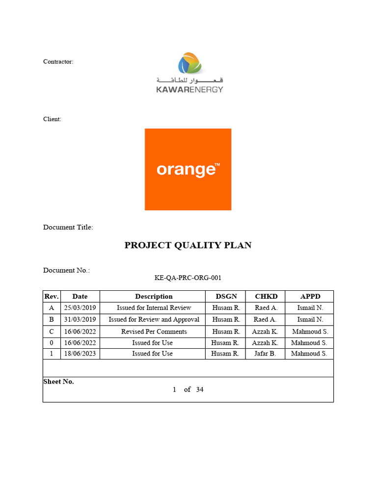 KE-QA-PRC-ORG-001 Project Quality Plan | PDF | Occupational Safety And ...