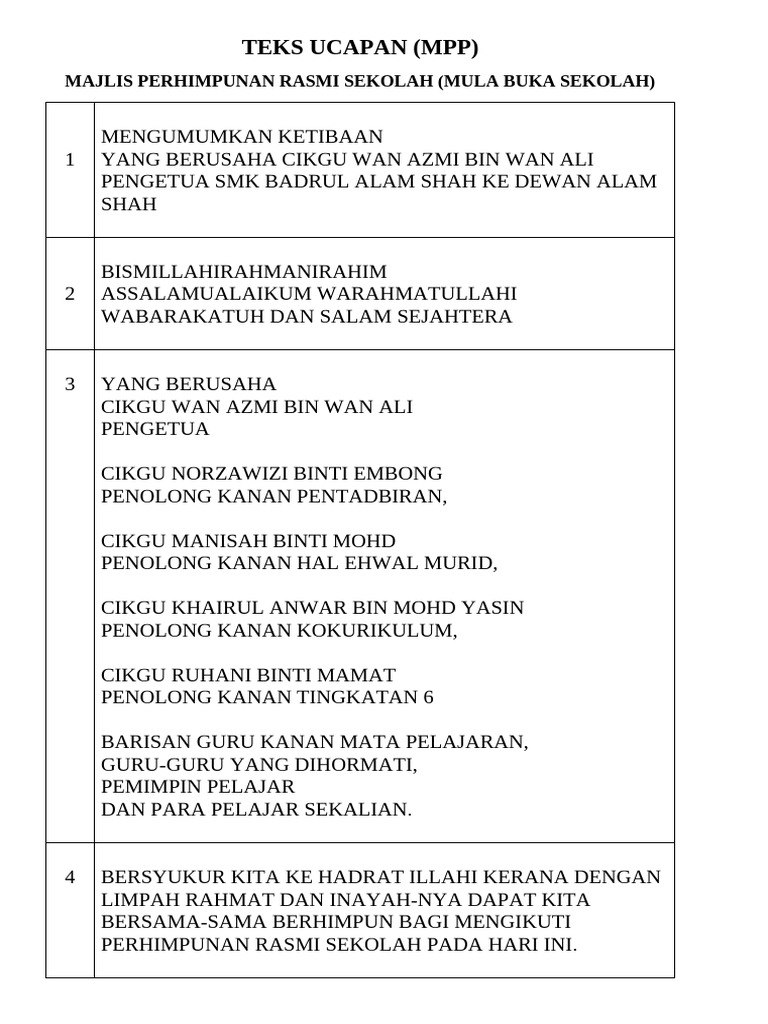 Teks Ucapan Emcee Rasmi - Awal Sekolah Buka | PDF