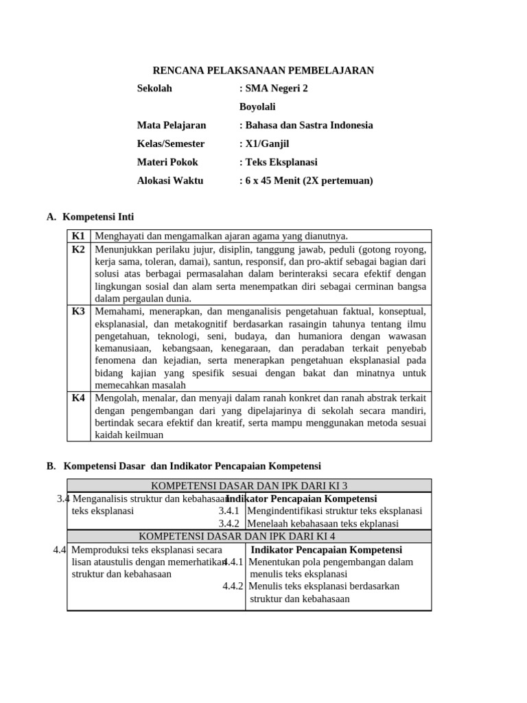Rencana Pelaksanaan Pembelajaran Teks Eksplanasi | PDF