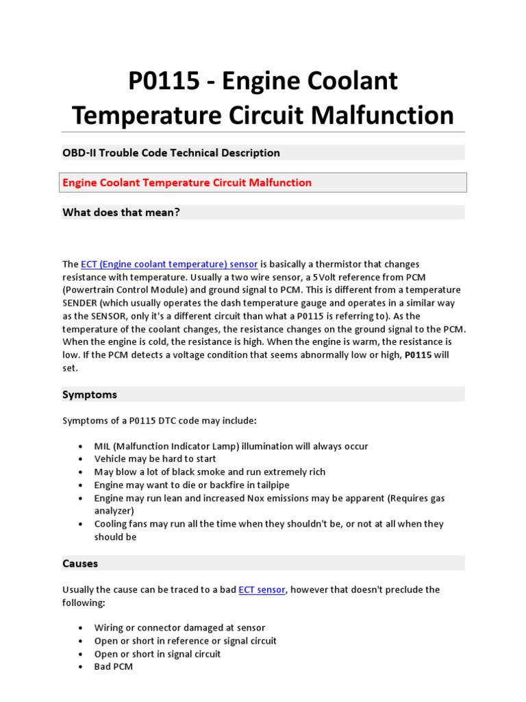 P0115 Engine Coolant Temperature Circuit Malfunction PDF