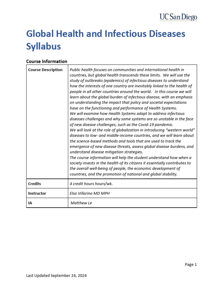 Global Health and Infectious Diseases Syllabus: Course Information | PDF