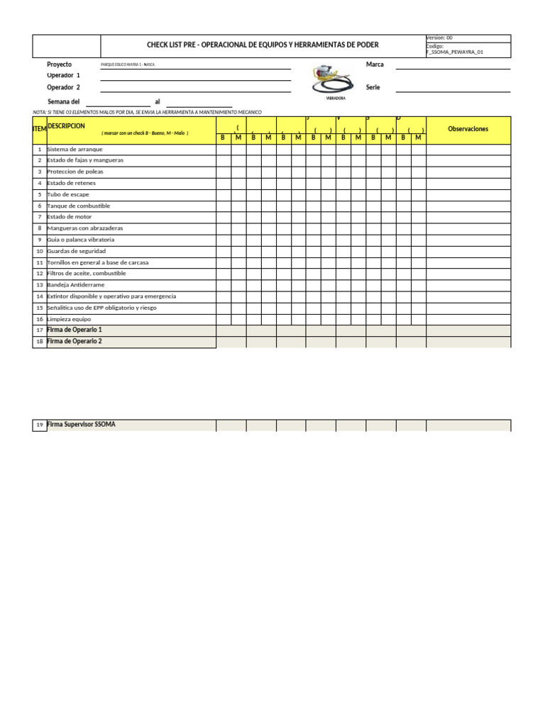 Check List Pre-Operacional de Equipos | PDF