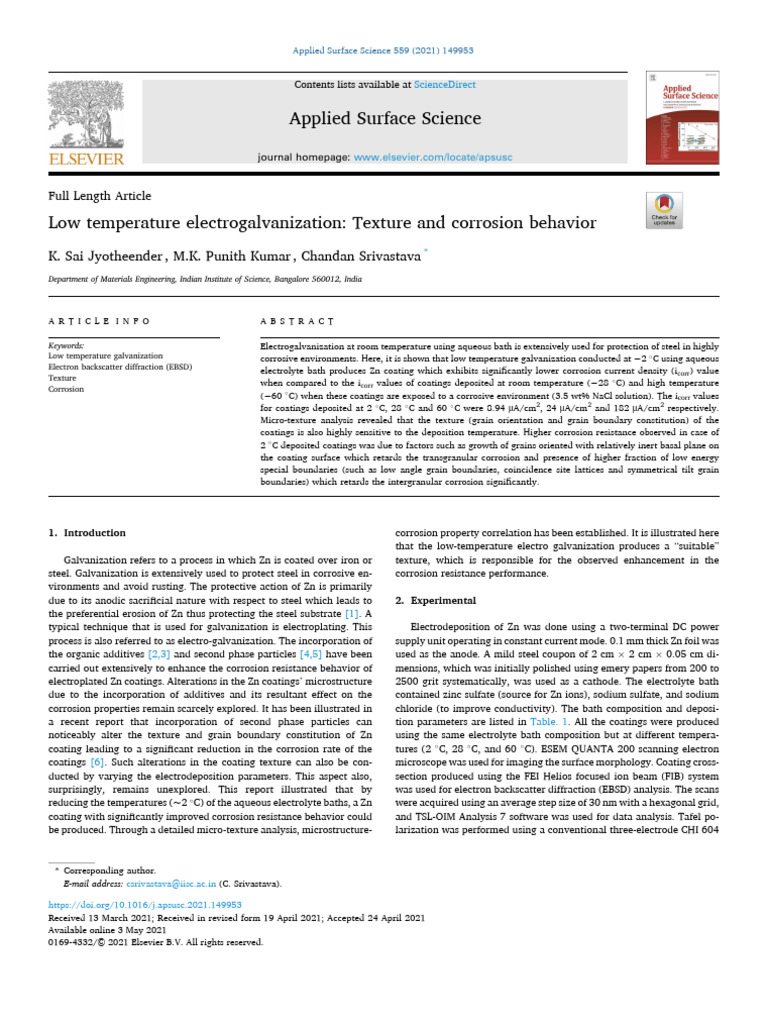 Low Temperature Electrogalvanization - Texture and Corrosion Behavior | PDF