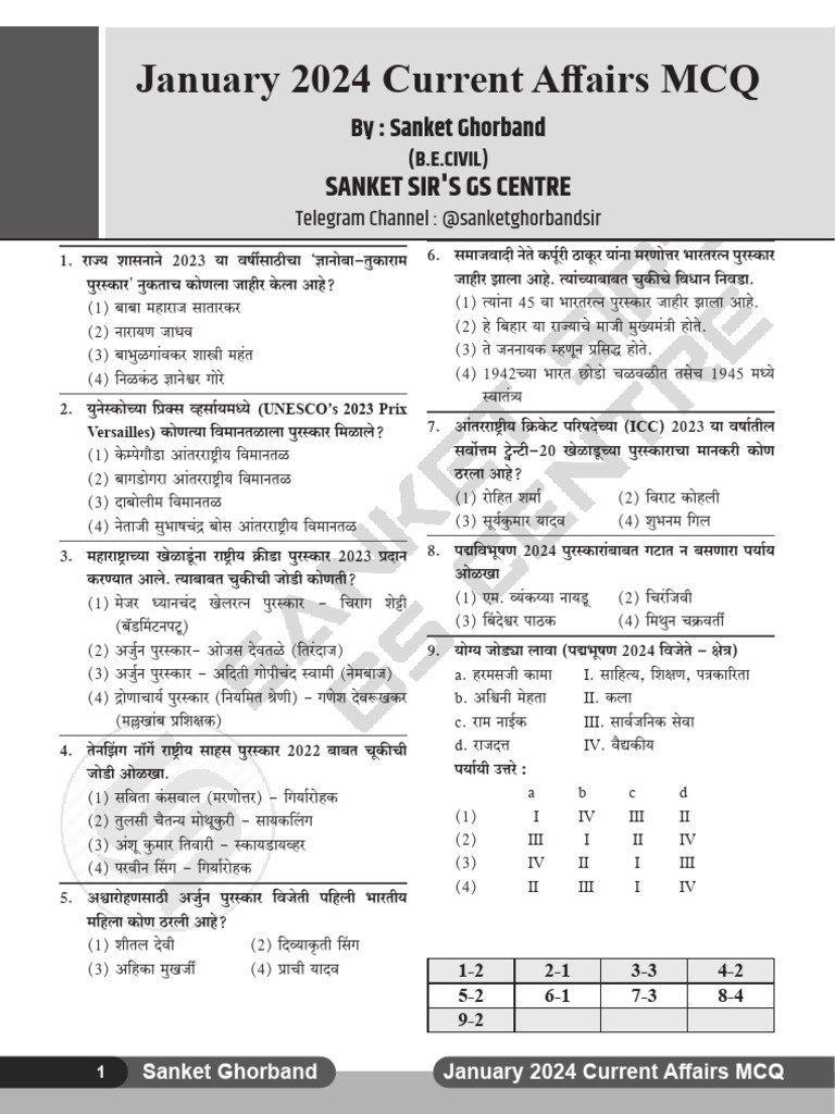 Jan-June 2024 Current Affairs MCQ (SANKET SIR) | PDF