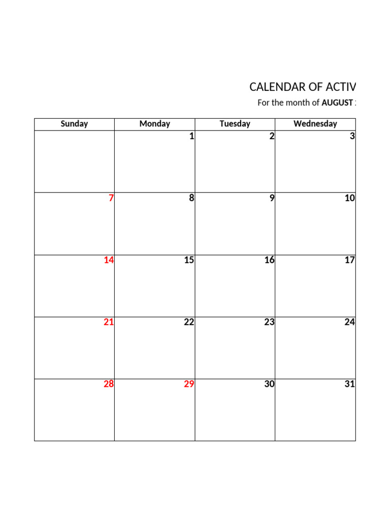 Calendar of activities sunday monday tuesday wednesday august 2022 pdf