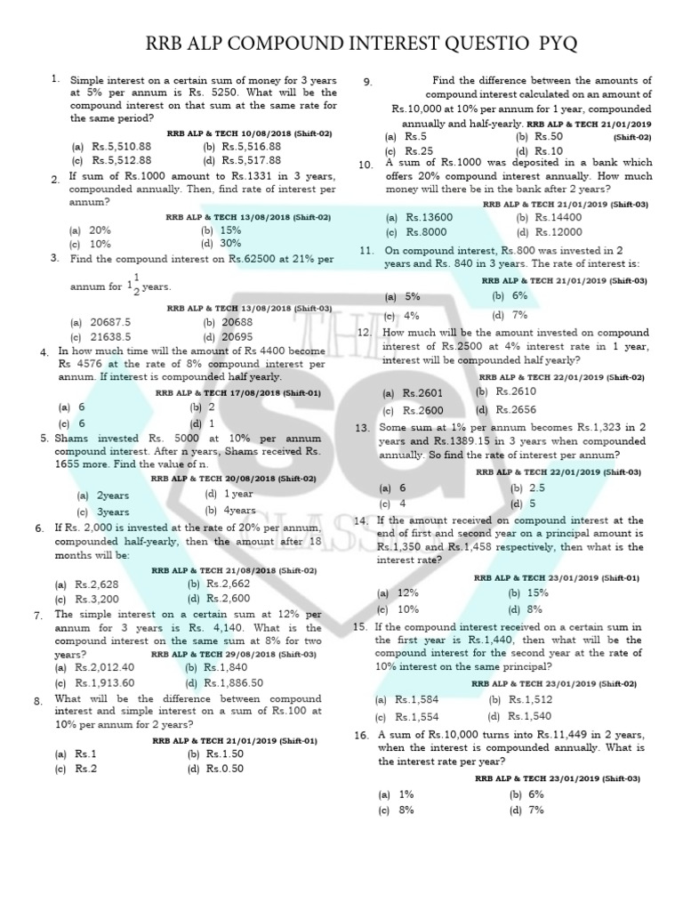 Compound Interest Questions for RRB ALP | PDF | Interest | Finance ...
