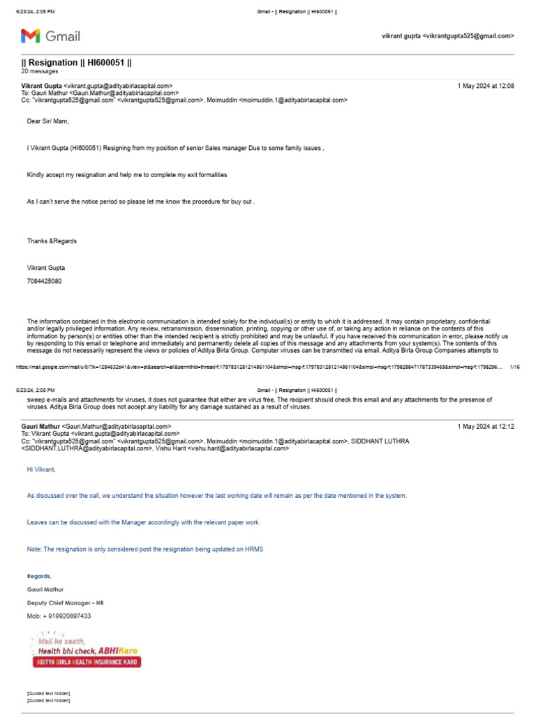 Gmail - Resignation - HI600051 | PDF