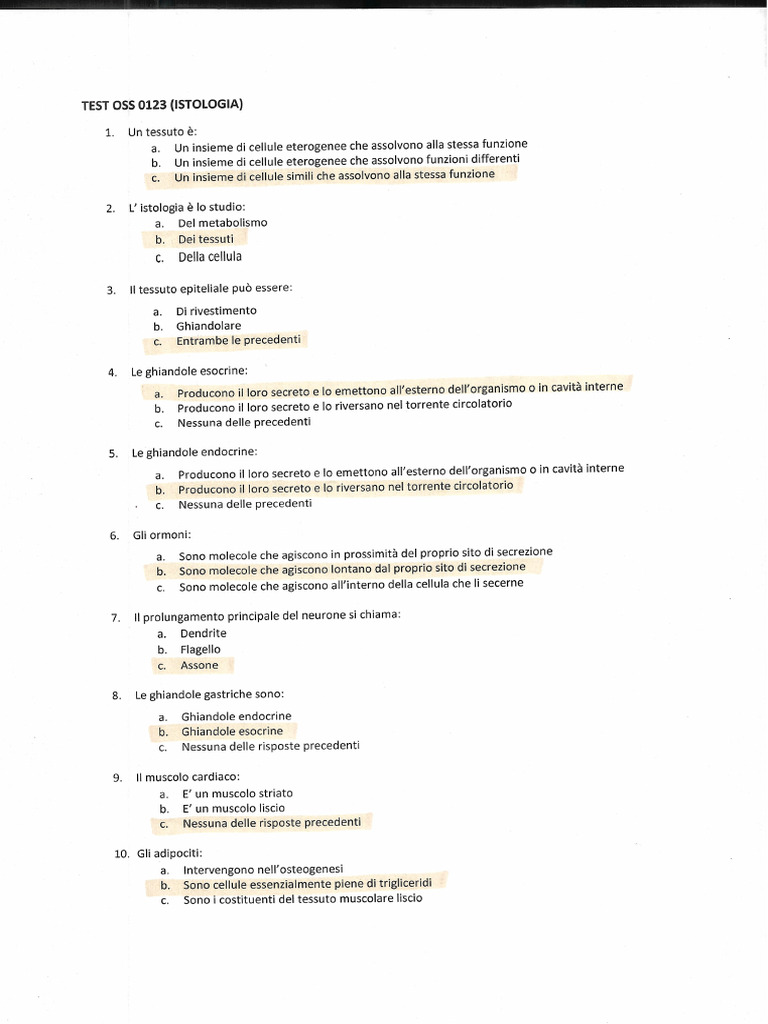Test Oss Istologia Risposte | PDF