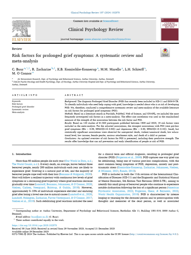 Risk Factors For Prolonged Grief Symptoms - A Systematic Review and ...