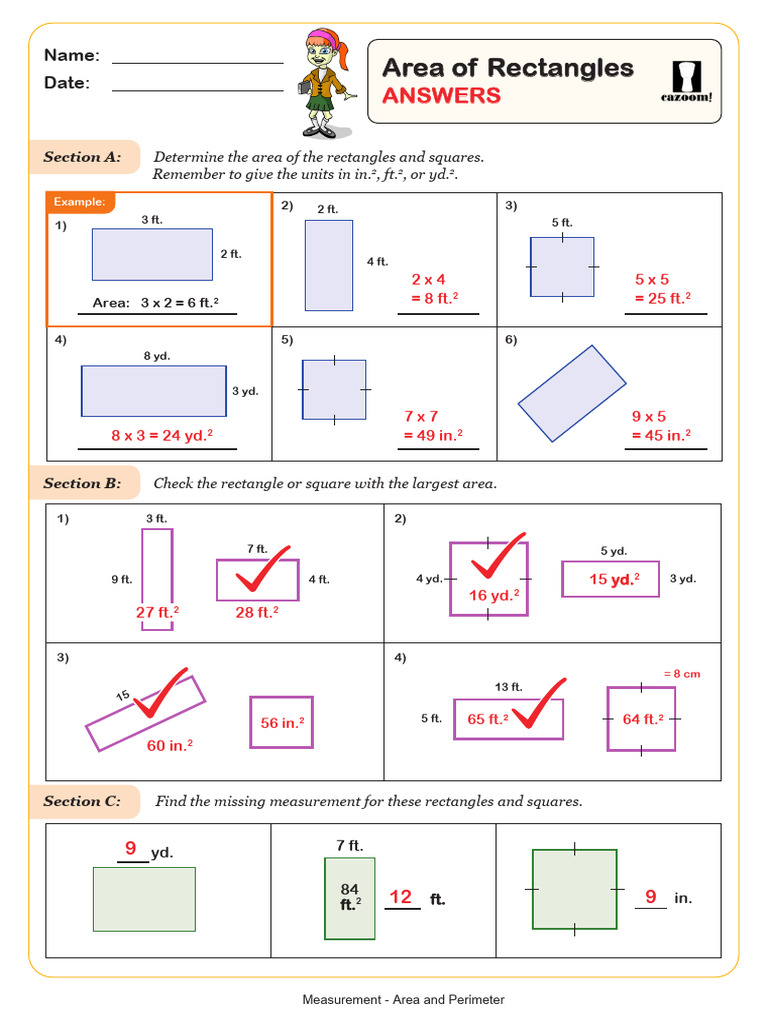 Cazoom Math Area and Perimeter Area of Rectangles Answers PDF