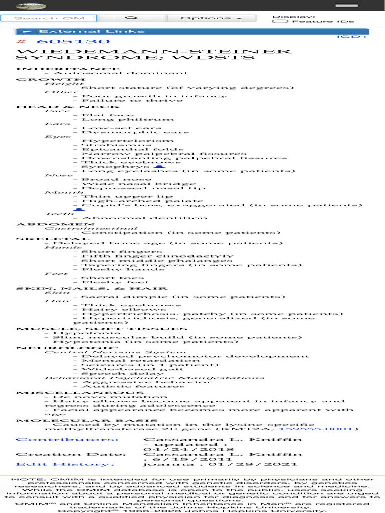 Clinical Synopsis - #605130 - Wiedemann-Steiner Syndrome Wdsts - Omim | PDF