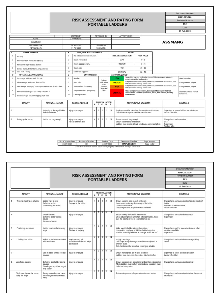 Portable Ladder Risk Assessment Guide | PDF | Occupational Safety And ...