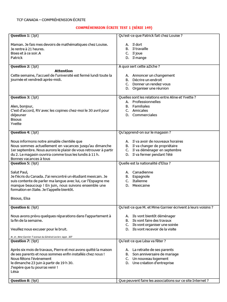 Test 1 CE TCF Canada | PDF