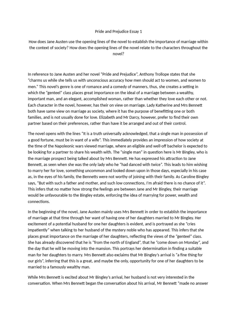 Pride and Prejudice Essay 1 | PDF