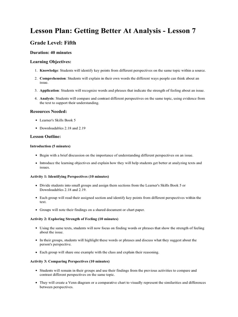 Fifth Grade Analysis Skills Lesson Plan | PDF | Learning | Art
