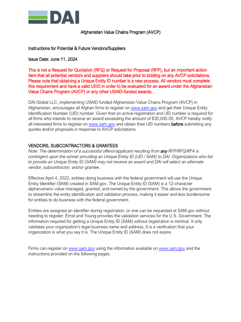 Afg - Value Chains Prg.-dai-USAID (Vendor Registration) | PDF