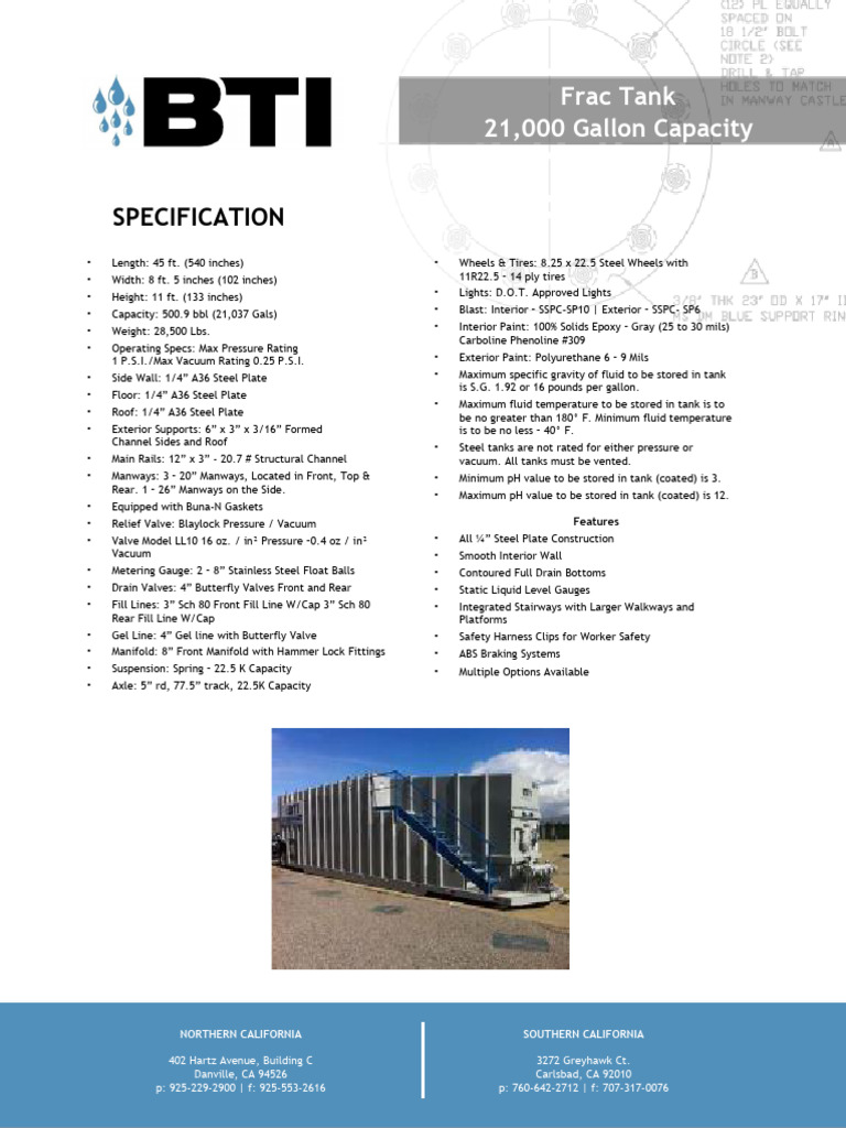 Frac Tank BTI Spec Sheet | PDF