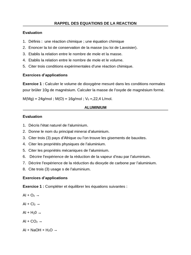 Équations et Réactions en Chimie 9ème | PDF