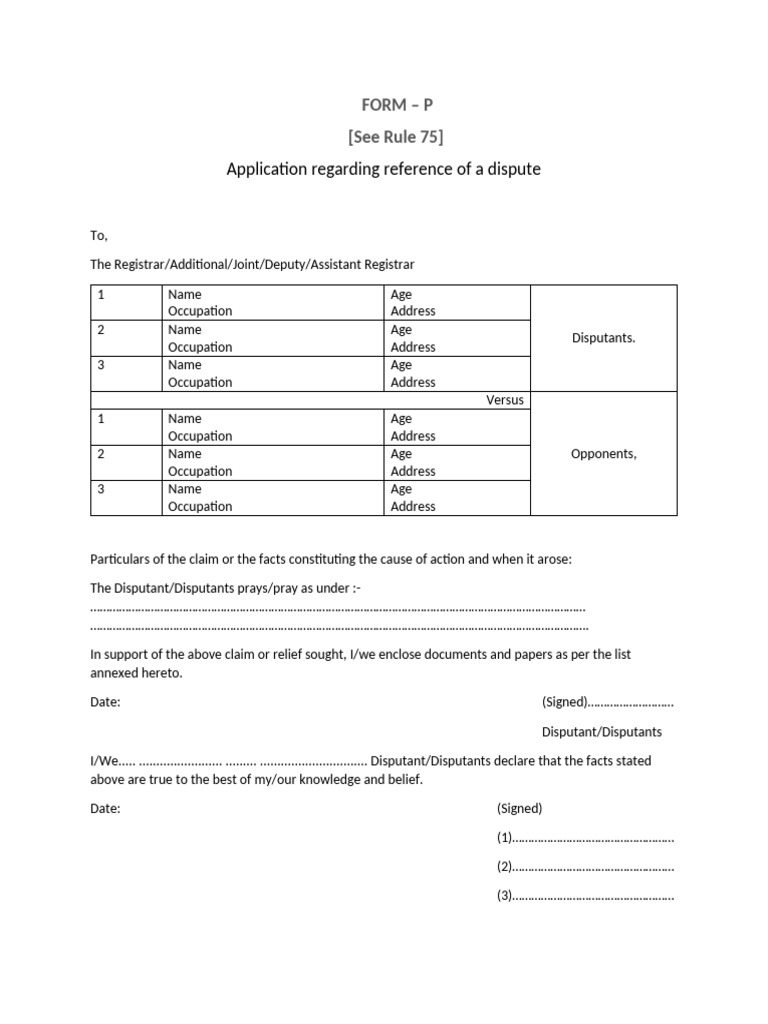 Form-P Dispute Before Deputy Registrar | PDF | Government | Justice