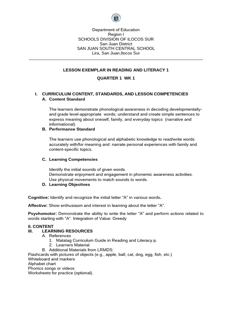 Grade 1 Reading Lesson Plan: Week 1 | PDF | Cognition | Cognitive Science