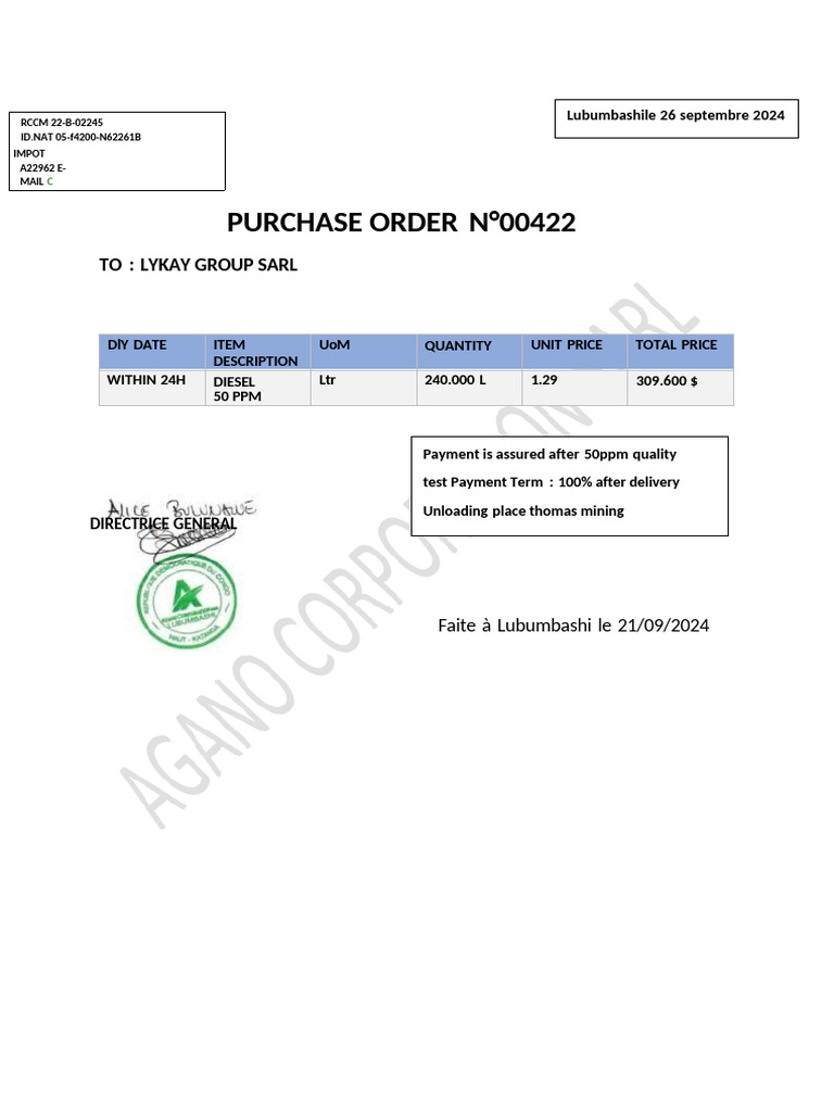 Purchase Order N°00422 | PDF