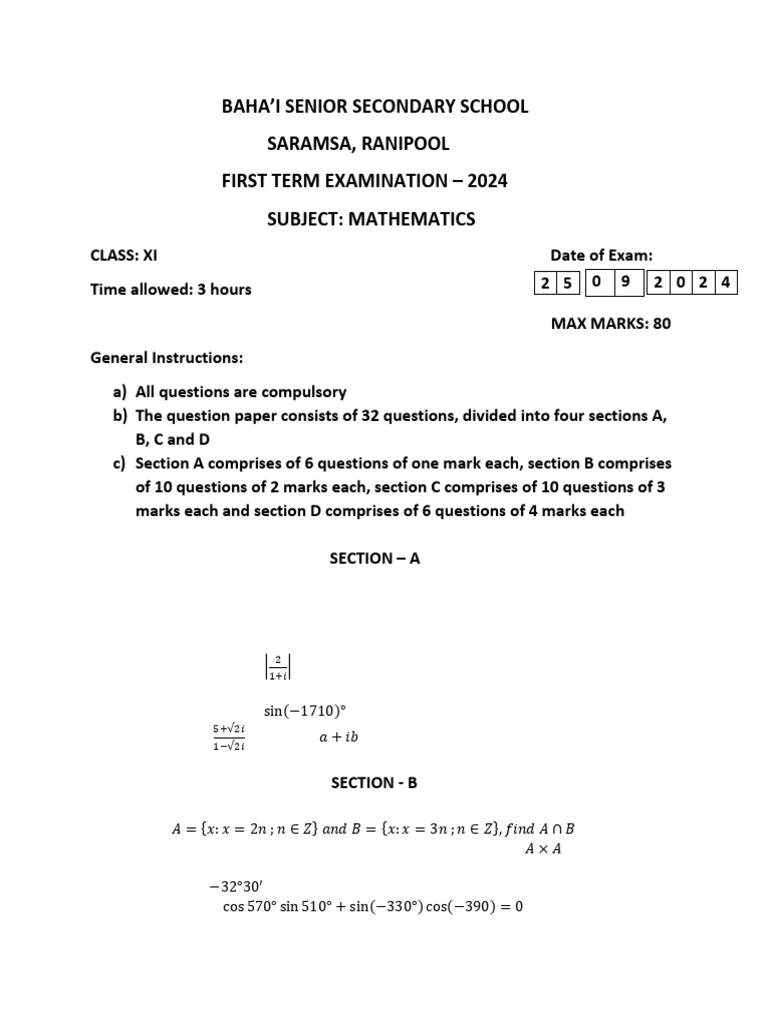CLass 11 Mathematics Question Paper | PDF