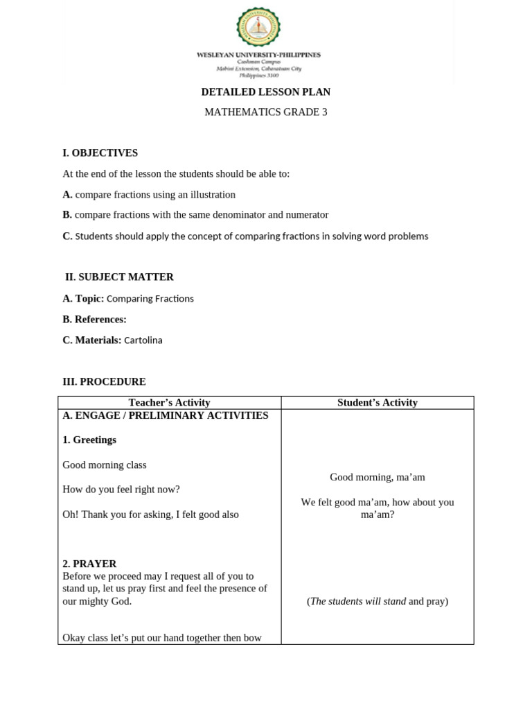Detailed Lesson Plan Math 3 Comparing Fractions | PDF