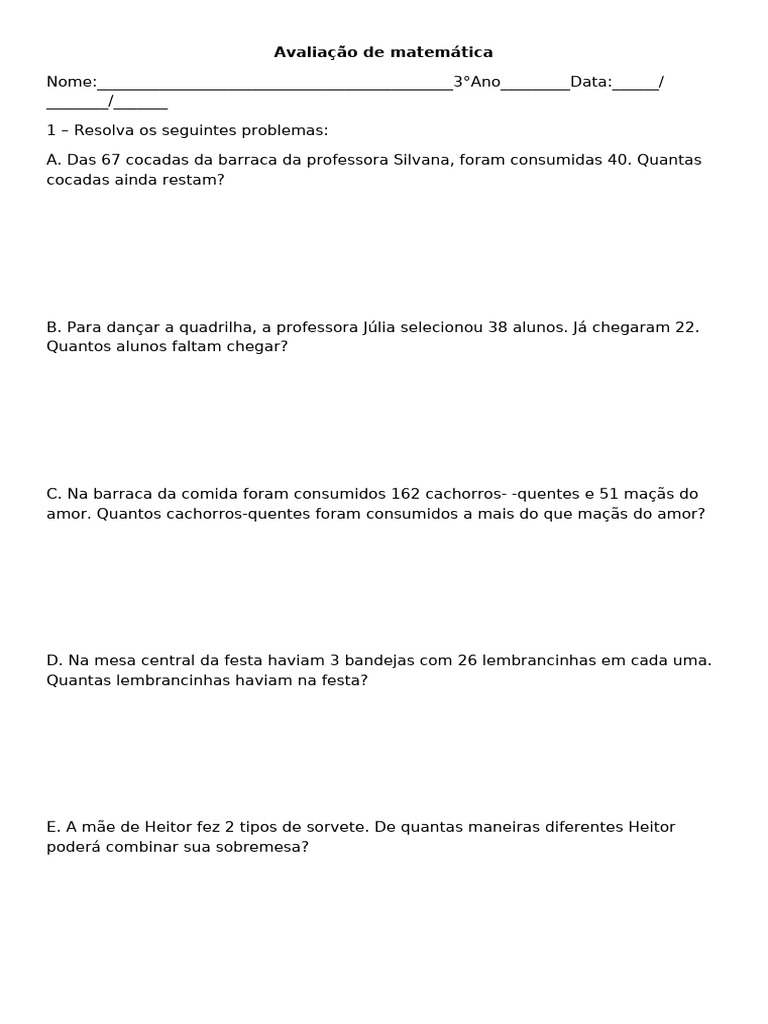 Prova Matemática - 3 Ano | PDF