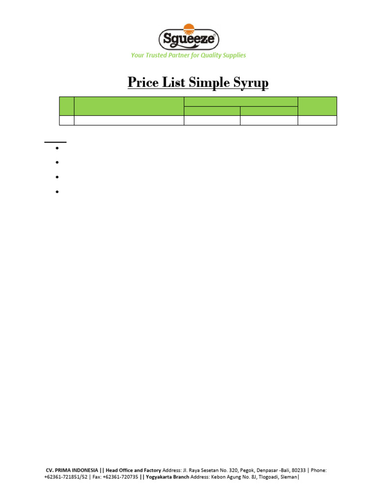 Quality Simple Syrup Price List | PDF