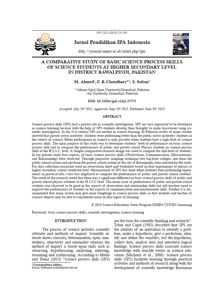 Comparative Study of Science Skills in Pakistan | PDF | Science ...