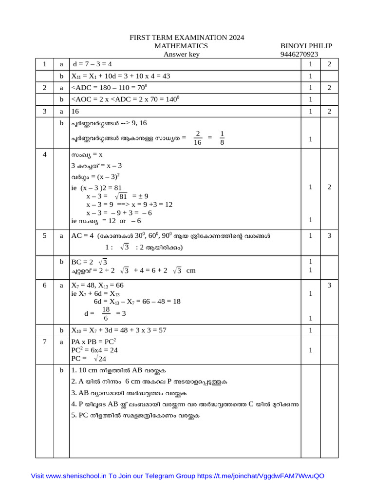Sheniblog-Sslc-First Term Exam-Answer Key - Mm-Binoyi | PDF