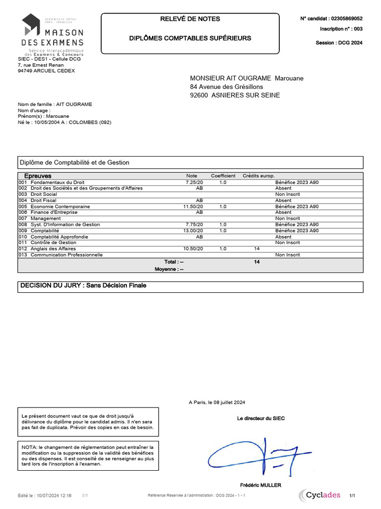 Releve de Notes 230586905200003 | PDF