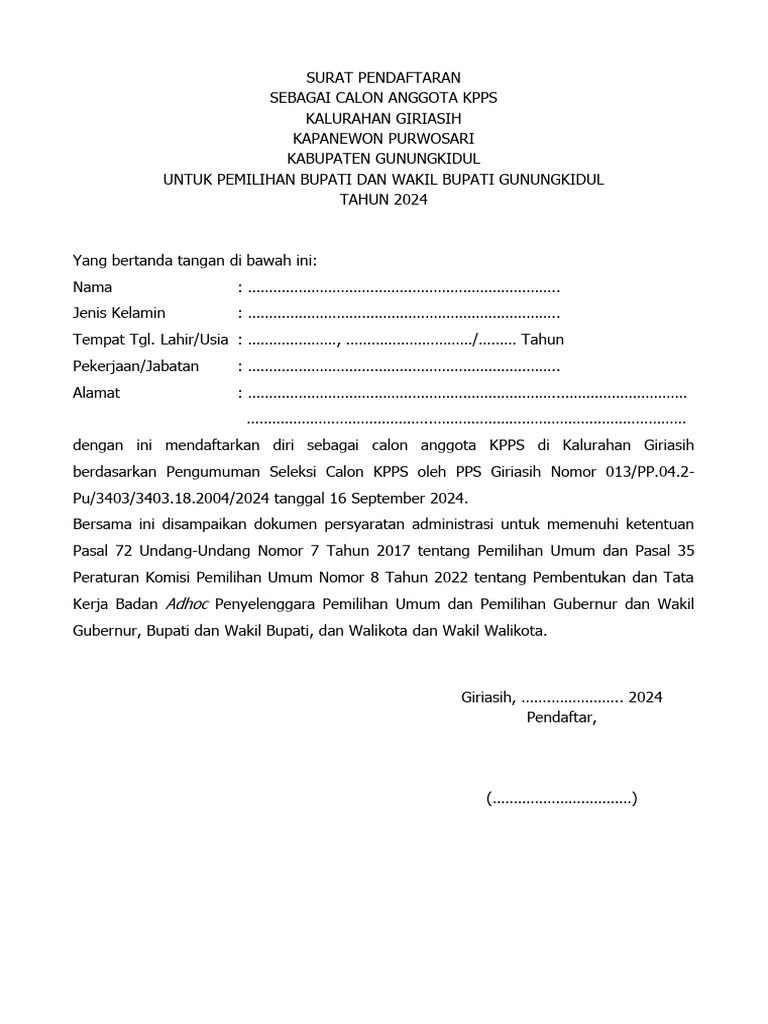 Form Pendaftaran KPPS | PDF