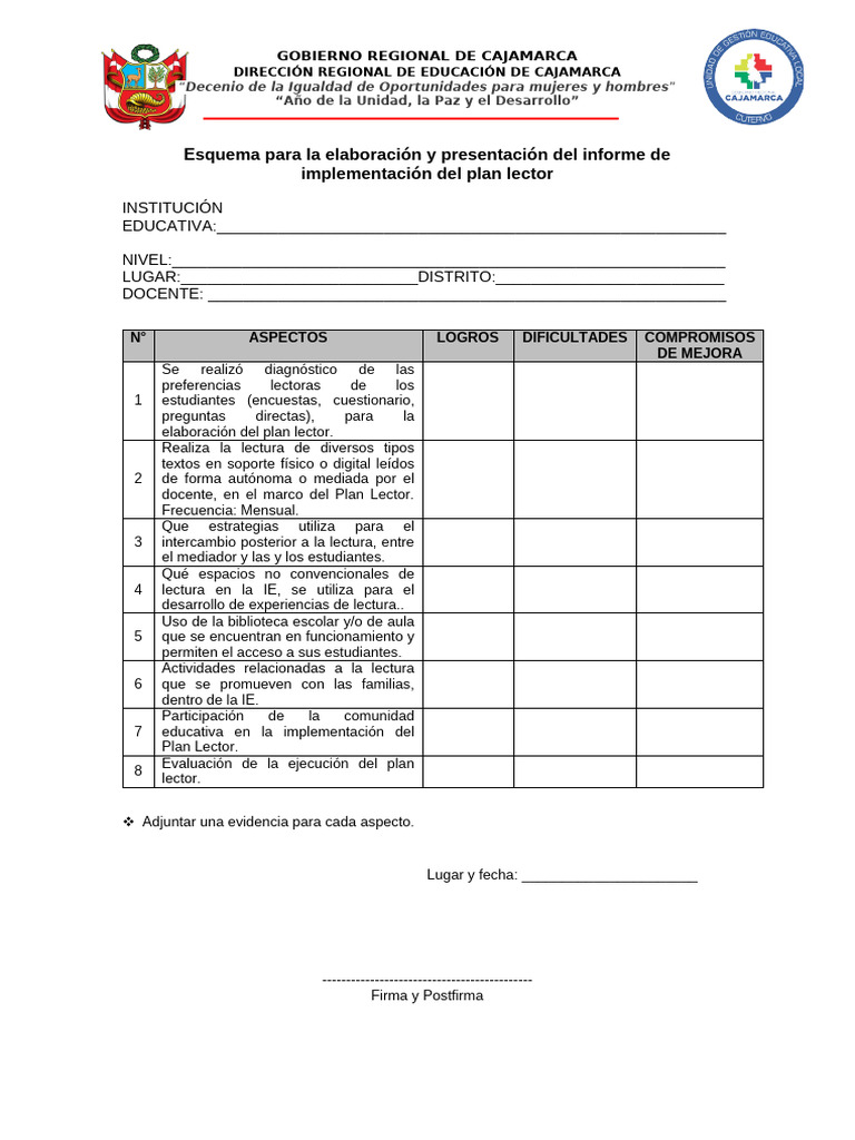Esquema De Informe Del Plan Lector Pdf