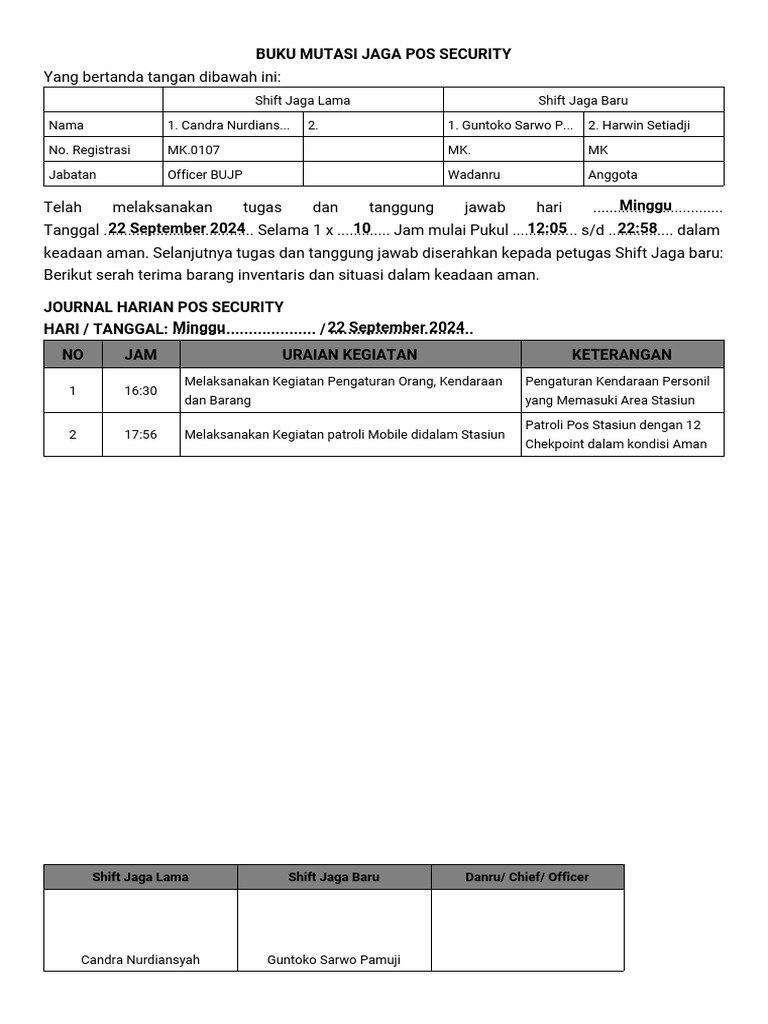 Buku Mutasi Jaga Pos Security | PDF