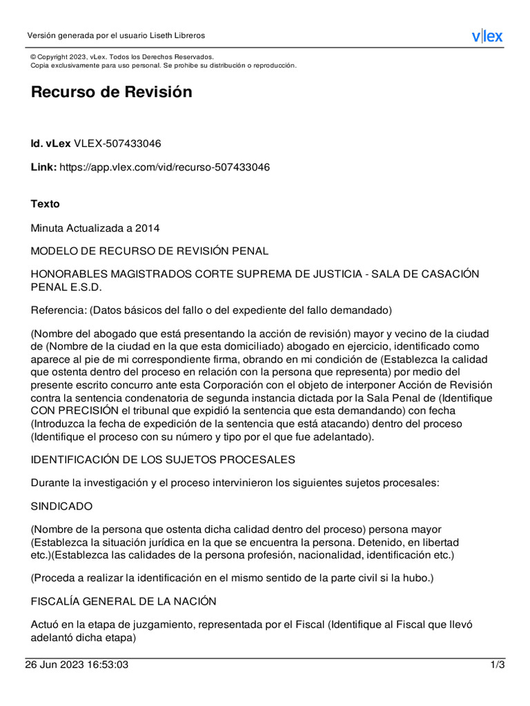 Modelo de Recurso de Revisión Penal | PDF | Sentencia (ley) | Ley común