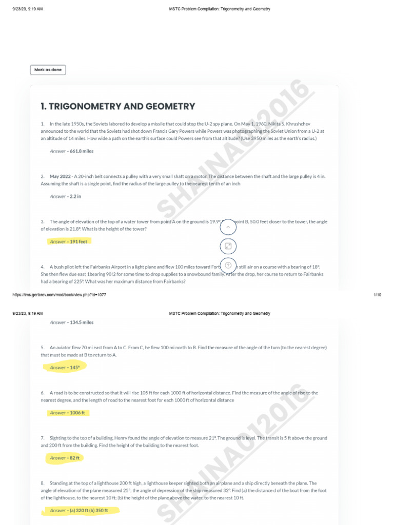 MSTC Problem Compilation - Trigonometry and Geometry ANSWER | PDF