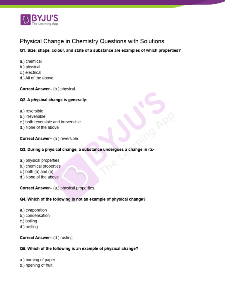 Physical Change Questions and Answers | PDF | Chemical Substances | Alloy