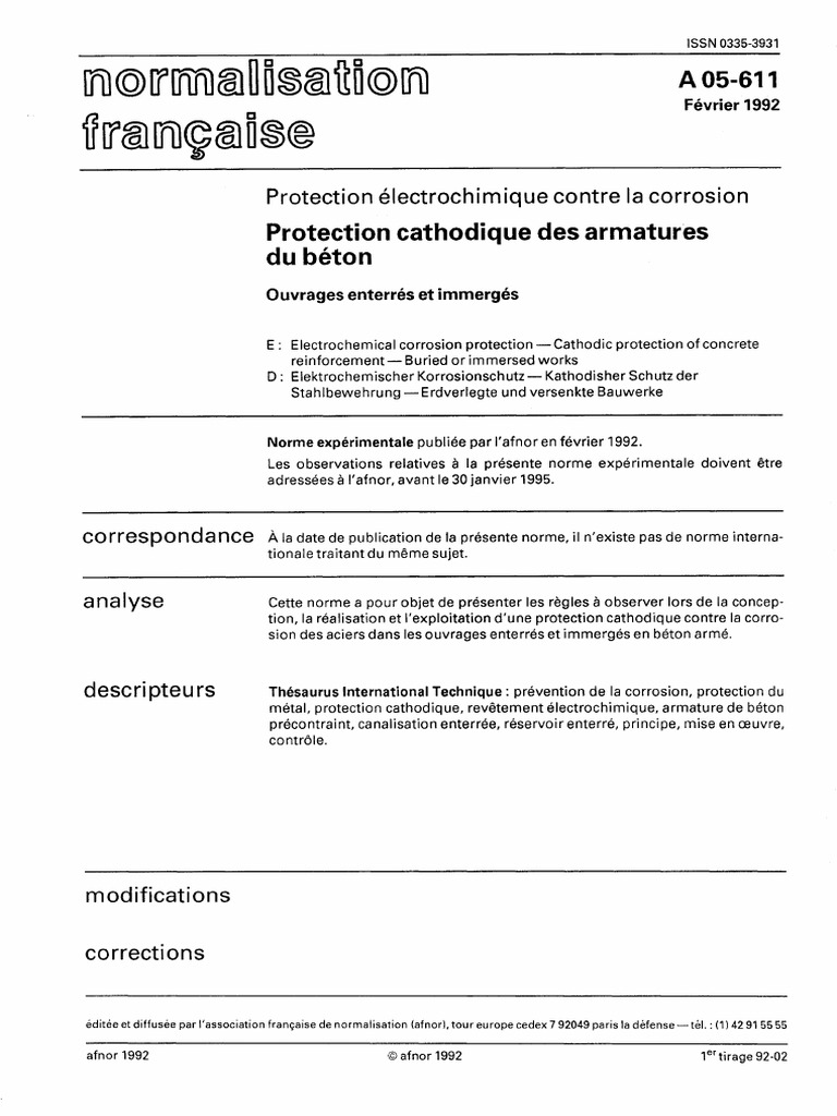 NF A 05-611 - Protection Cathodique Armatures Pour Beton | PDF