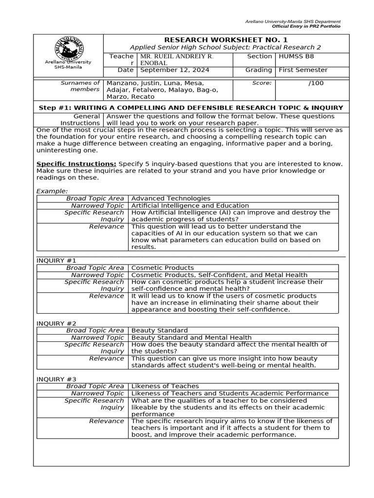 RESEARCH Worksheet No1 PR2 1st Quarter Group 2 | PDF