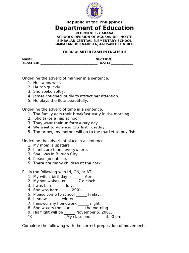 ENGLISH Long QUiz Preposition PDF