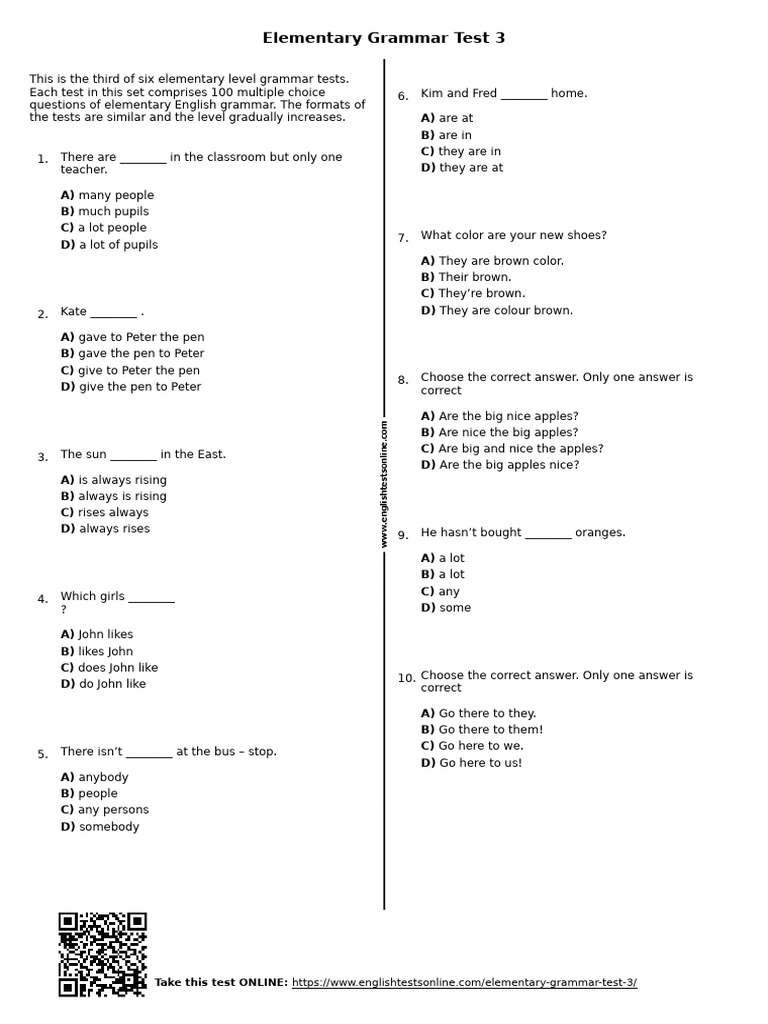 107 Elementary Grammar Test 3 | PDF